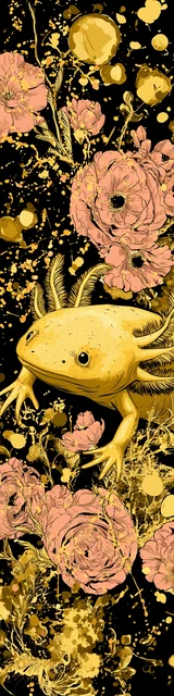 Free printable axolotl bookmark featuring a gold and black axolotl